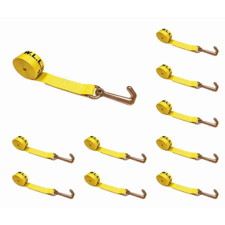 Tie 4 Safe 2" x 10' Lasso Strap w/ Mini J Hook for Towing Wrecker Trailer Tie Down Yellow, 10PK TWS65-5210-J-Y-10